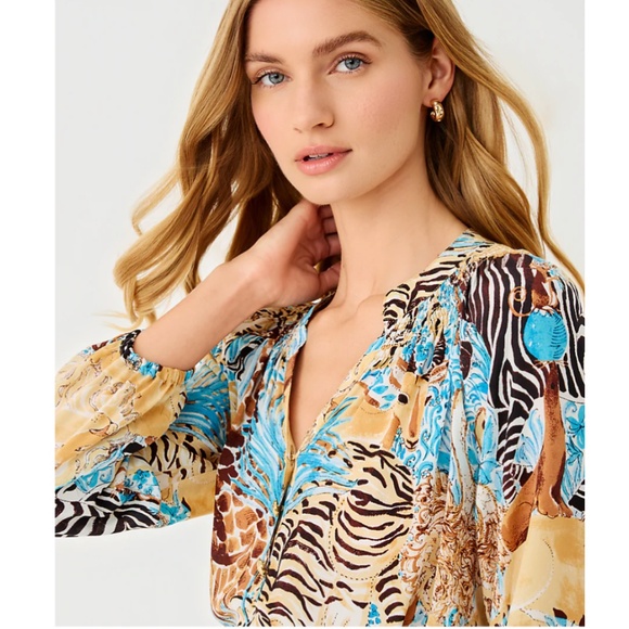 Lilly Pulitzer Elsa 100% Silk Blouse Lilly's Zoo Print M Smocked Timeless NWOT - Picture 2 of 16